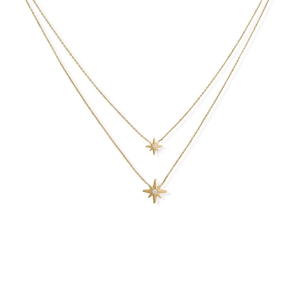 14 Karat Gold Plated Two Strand CZ Star Necklace